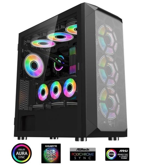 1stCOOL skříň Wind Storm Black MiddleTower ARGB, AU, USB3.0, bez zdroje, RGB fan, průhledná bočnice, černá