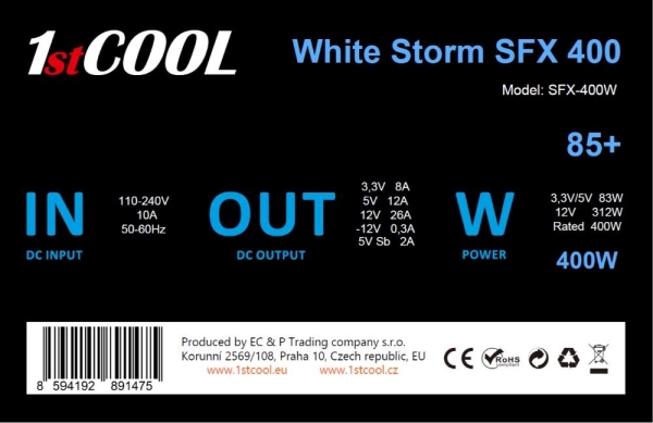 1stCOOL zdroj 400W WHITE STORM SFX 400W 85+ s aktivnim PFC, ventilátor 80mm (zdroj do PC case)