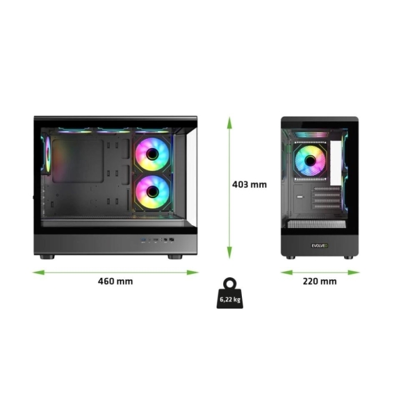 EVOLVEO Ursus, skříň mATX, 6x ARGB ventilátor 120mm, skleněná bočnice + přední panel
