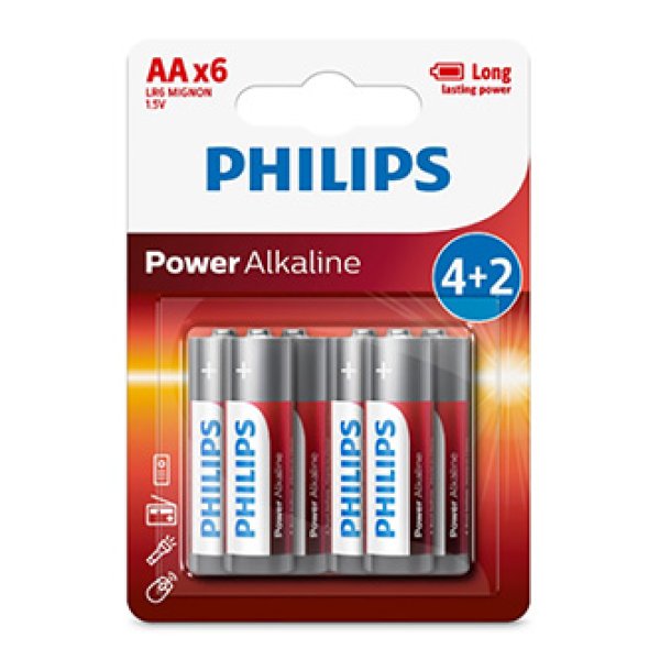 Baterie alkalická, AA (LR6), AA, 1.5V, PHILIPS, blistr, 6-pack, LR6P6BP/10, Power Alkaline, 4+2?v=1750075202