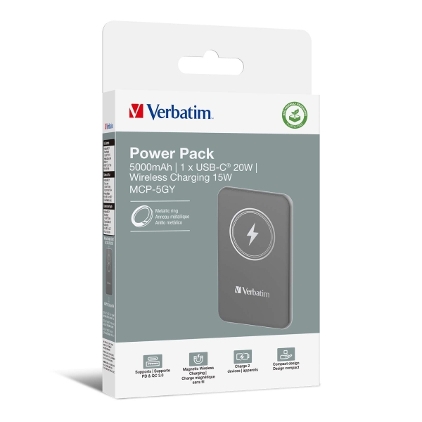 VERBATIM Powerbanka Charge 'n' Go, Magnetická, 5000 mAh, USB-C, Šedá