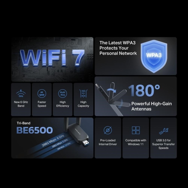 MERCUSYS MA37BEH WiFi7 USB adapter (AC1300,2,4GHz/5GHz/6GHz,USB3.0)