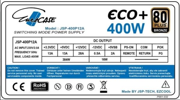 EUROCASE zdroj 400W Eco+, 120mm, 80+ Bronze, ATX