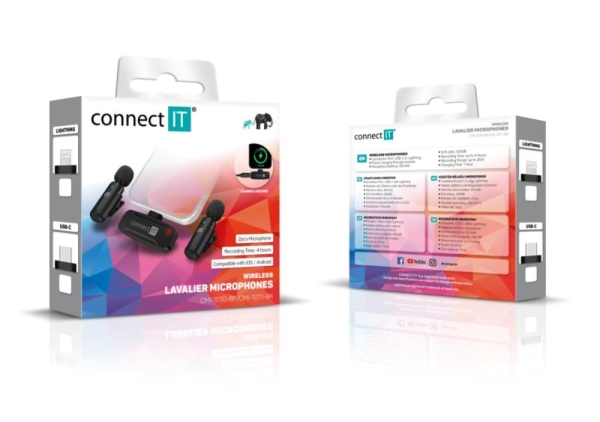 CONNECT IT Mikrofon ClipMic, 2x Bezdrátový Lavalier mikrofón s přijímačem, Lightning konektor, černá