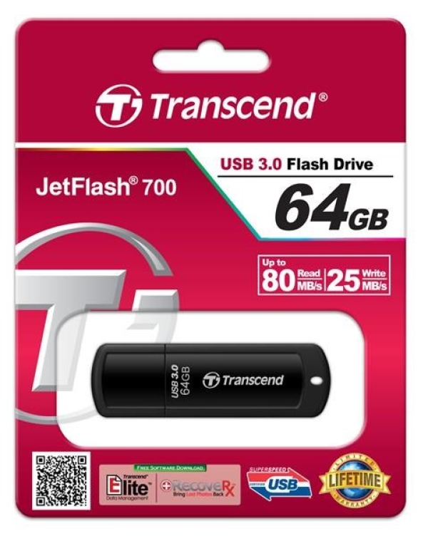 TRANSCEND Flash Disk 64GB JetFlash®700, USB 3.0 (R:80/W:25 MB/s) černá
