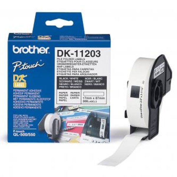 Brother DK-11203 - Černá na bílé - 17 x 87 mm 300 štítky (1 role x 300) štítky složek souborů - pro Brother QL-1050, 1060, 500, 550, 560, 570, 580, 600, 650, 700, 710, 720, 820?v=1746079203
