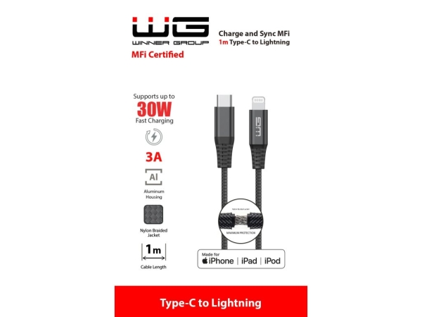WG - Datový kabel Lightning MFi na Type-C, 1 metr, 3A, černá