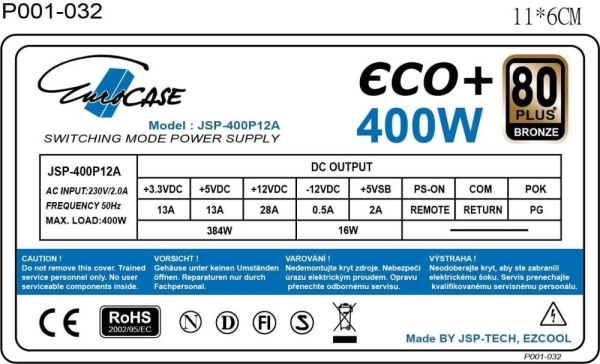 EUROCASE zdroj 400W Eco+, 120mm, 80+ Bronze, ATX
