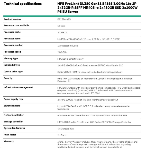 HPE PL DL380g11 5416S (2.0/16C) 2x32G (P43328) 2x480G MR408i-o/4G 8-26SFF 2x1000W 2x10G-T 2U Smart Choice
