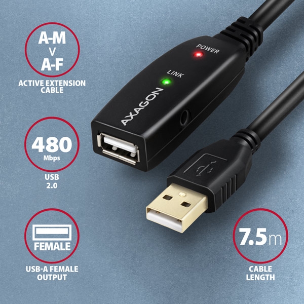 AXAGON ADR-207, USB 2.0 A-M -> A-F aktivní prodlužovací / repeater kabel, 7.5m