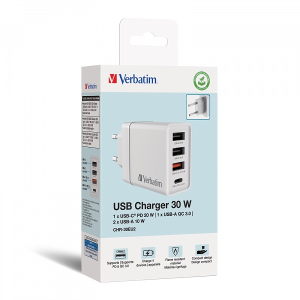 VERBATIM Univerzální adaptér CHR-30EU2, 30W, 1x USB-C, 3x USB bílá