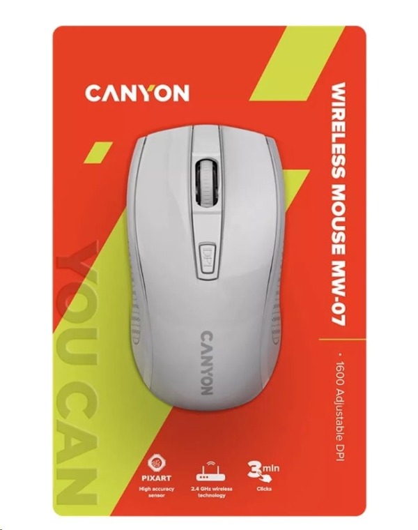CANYON myš optická bezdrátová MW-7, nastavitelné rozlišení 800/1200/1600 dpi, 4 tl, USB dongle, 1xAA, bílá