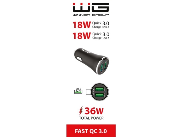 WG - Nabíječka do auta 2x USB-A 36W, QC 3.0 + QC 3.0, černá