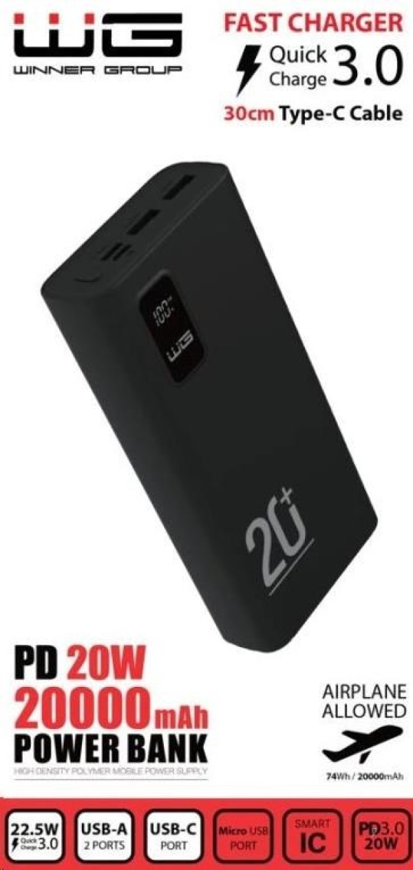WG - Power Bank 20000 mAh, USB-C PD 20W + USB-A QC 3.0 22.5W, černá