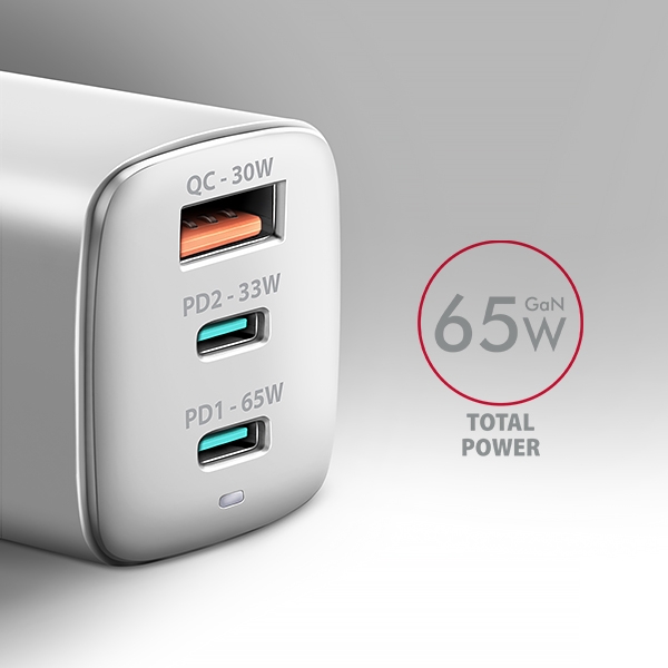 AXAGON ACU-DPQ65W, GaN nabíječka do sítě 65W, 3x port (USB-A + dual USB-C), PD3.0/QC4+/PPS/Apple, bílá