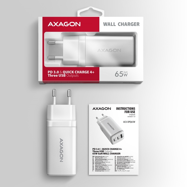 AXAGON ACU-DPQ65W, GaN nabíječka do sítě 65W, 3x port (USB-A + dual USB-C), PD3.0/QC4+/PPS/Apple, bílá