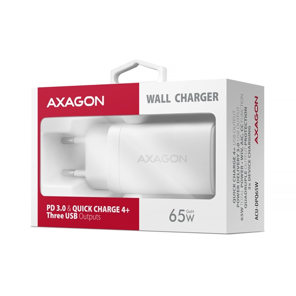 AXAGON ACU-DPQ65W, GaN nabíječka do sítě 65W, 3x port (USB-A + dual USB-C), PD3.0/QC4+/PPS/Apple, bílá