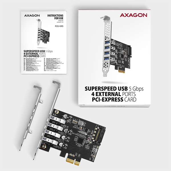 AXAGON PCEU-43RS, PCIe řadič, 4x USB 3.2 Gen 1 port, 5 Gbps, napájení z PCIe nebo SATA, SP & LP