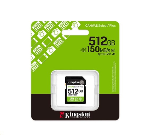 Kingston paměťová karta 512GB Canvas Select Plus Gen 3 SDXC 150R U1 UHS-I C10 V10