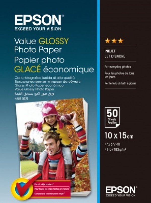 Epson Value Glossy Photo Paper, foto papír, lesklý, bílý, 10x15cm, 183 g/m2, 50 ks, C13S400038, inkoustový