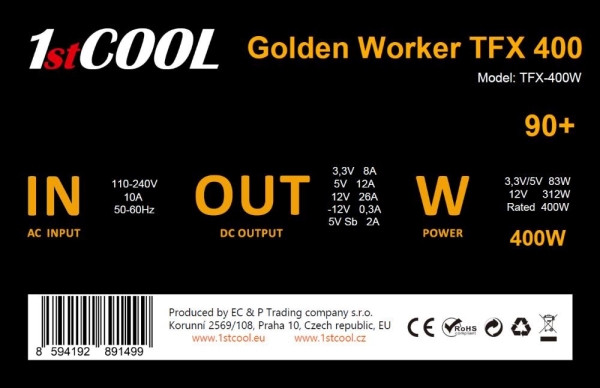 1stCOOL zdroj 400W GOLDEN WHITE STORM TFX 400W 88+ s aktivnim PFC, ventilátor 80mm (zdroj do PC case)