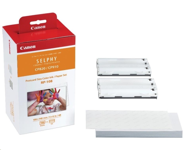 Canon RP-108 papír + ink, foto papír, lesklý, termo typ bílý, SELPHY CP820, CP910, CP1000, CP1200, CP1300, 10x15cm, 4x6", 108 ks  