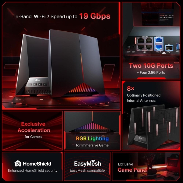 TP-Link Archer GE800 EasyMesh WiFi7 router (BE19000,2,4GHz/5GHz/6GHz,1xSFP+/10GbE,1x10GbELAN,2x2,5GbE,4xGbE,2xUSB)