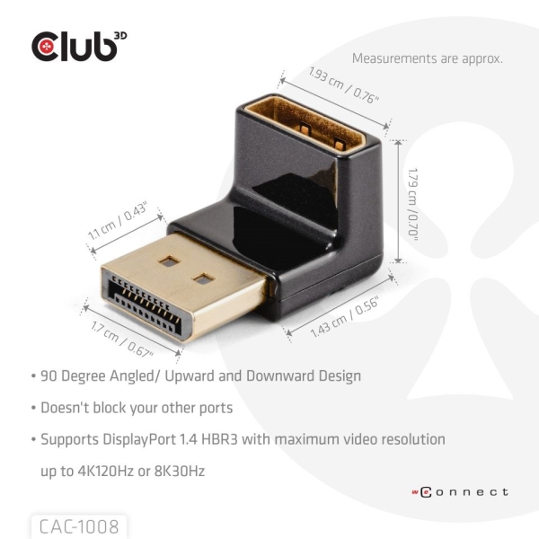 Club3D Adaptér DisplayPort na DisplayPort 1.4, 4K120Hz, 8K30Hz, 90°