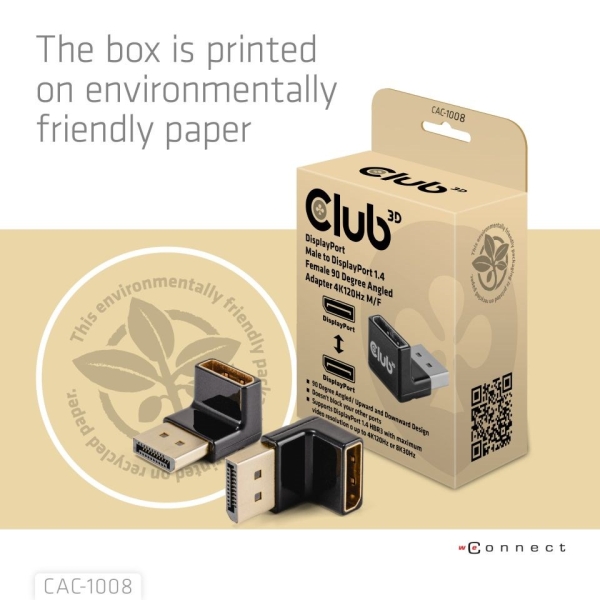 Club3D Adaptér DisplayPort na DisplayPort 1.4, 4K120Hz, 8K30Hz, 90°