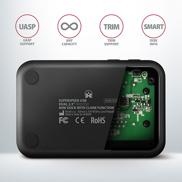 AXAGON ADSA-D25, USB 3.2 Gen 1 - 2x SATA 6G 2.5'' SSD/HDD CLONE MINI dokovací stanice