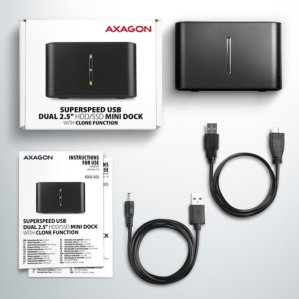 AXAGON ADSA-D25, USB 3.2 Gen 1 - 2x SATA 6G 2.5'' SSD/HDD CLONE MINI dokovací stanice