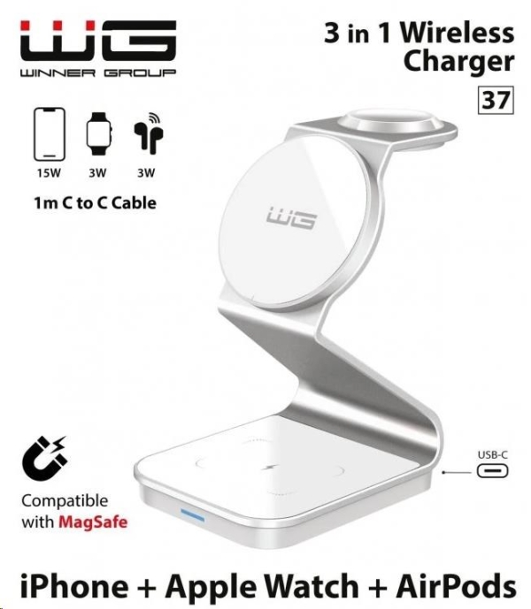 WG - Bezdrátová nabíječka WG37, 3v1 FAST MAGNET, 15W+3W+3W, bílá
