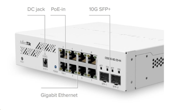 MikroTik Cloud Smart Switch CSS610-8G-2S+IN, 8 gigabit.portů, PoE-In, 2xSFP+, SwOS
