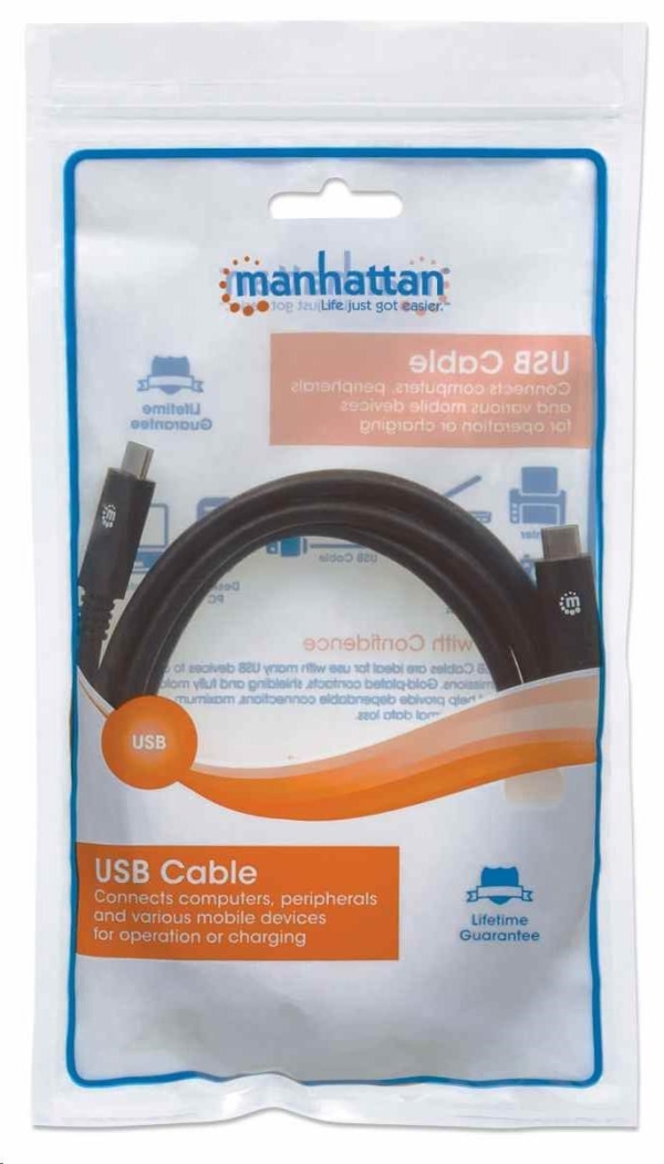 Manhattan USB-C kabel, USB 3.1, Gen 1, USB-C Male na USB-C Male, 5 Gbps, 2m, černá