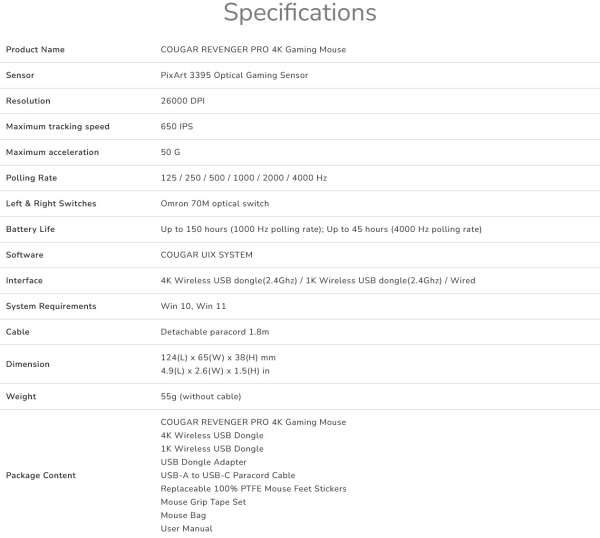COUGAR herní myš bezdrátová/drátová REVENGER PRO 4K WHITE, čip PixArt 3395, 26000dpi, 650 IPS, 55g 