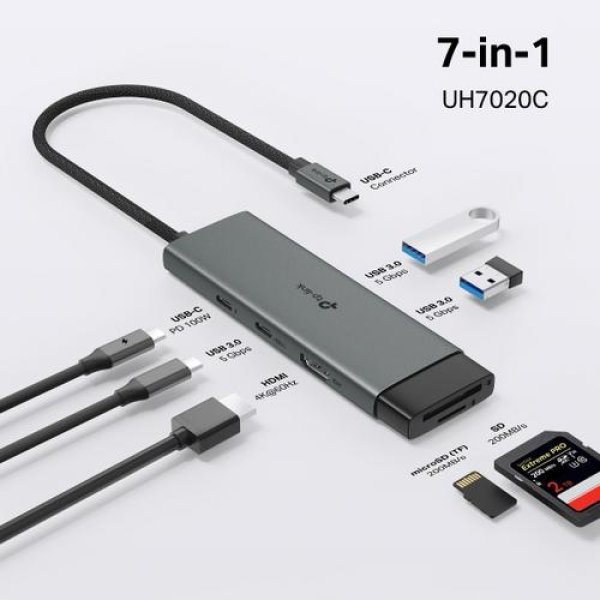 TP-Link UH7020C USB-C hub 7v1 (2x USB3.2Gen1,1xUSB-C3.2Gen1, 1xHDMI, 1xSD, 1xmicroSD, PD 100W)