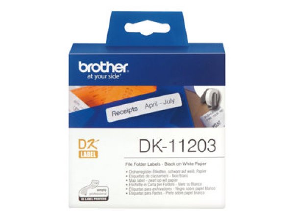 Brother DK-11203 - Černá na bílé - 17 x 87 mm 300 štítky (1 role x 300) štítky složek souborů - pro Brother QL-1050, 1060, 500, 550, 560, 570, 580, 600, 650, 700, 710, 720, 820