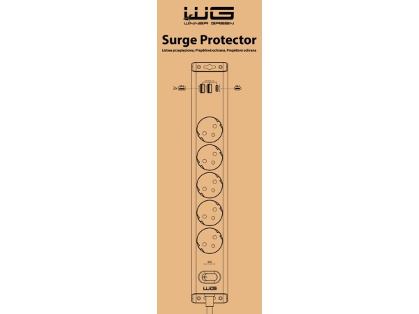 WG - Přepěťová ochrana 5 slotů + 2x USB-A + 1x USB-C, kabel 1,5 metru, bílá