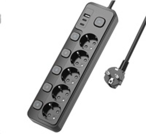 Viking síťová prodlužovací zásuvka YC53S, 5x AC 230V, 1x USB-A, 2x USB-C, tlačítko ON/OFF, délka 1,5 m, černá?v=1754114405
