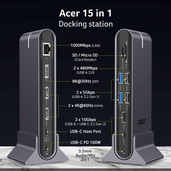 ACER 15in1 USB Type-C Universal Mini-dock: Host interface: USB-C, 2x USB-A 2.0, 1x USB-A 3.2 Gen2, 1x USB-A 3.2 Gen1, 1