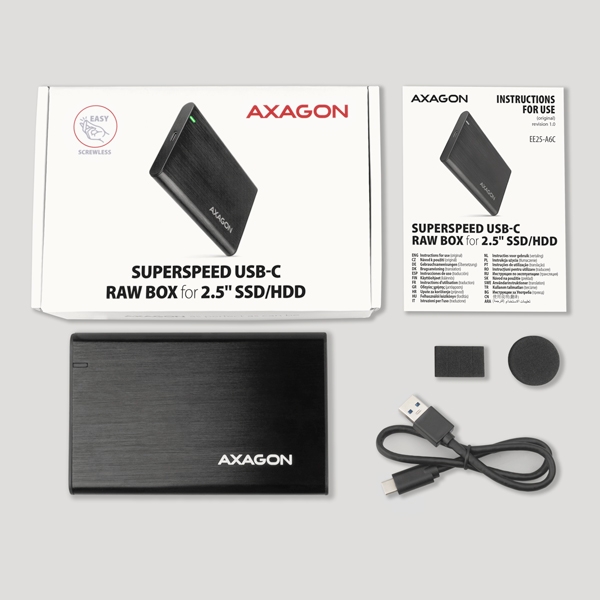 AXAGON EE25-A6C, USB-C 3.2 Gen 1 - SATA 6G 2.5'' kovový RAW box, bezšroubkový