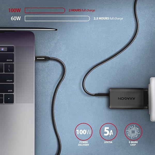 AXAGON BUCM32-CM05AB, SPEED+ kabel USB-C <-> USB-C, 0.5m, USB 20Gbps, PD 100W 5A, 4K HD, ALU, oplet, černý