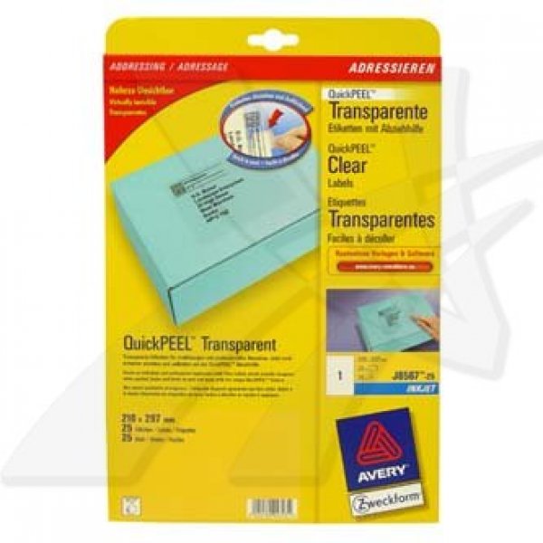 Avery Zweckform etikety 210mm x 297mm, A4, průhledné, transparentní, 1 etiketa, na balíky, baleno po 25 ks, J8567-25, pro inkousto?v=1746043203