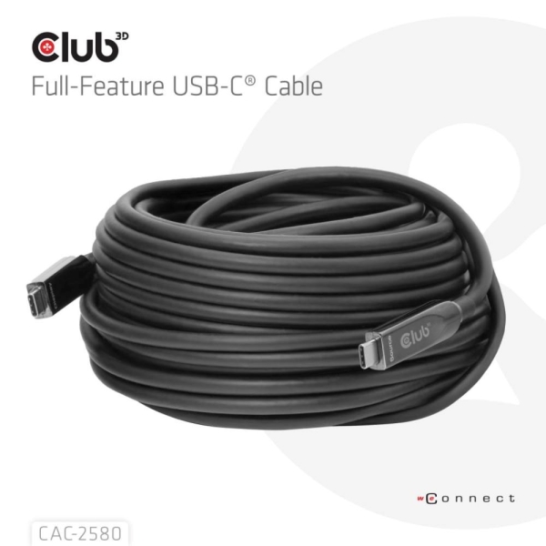 Club3D Kabel USB-C, 10 Gbps, 4K120Hz, 8K60Hz, 60W, Bi-directional, 15m, černá