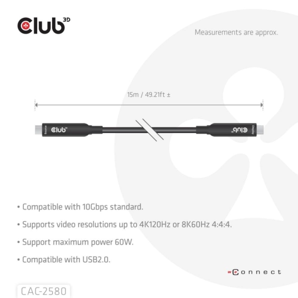 Club3D Kabel USB-C, 10 Gbps, 4K120Hz, 8K60Hz, 60W, Bi-directional, 15m, černá