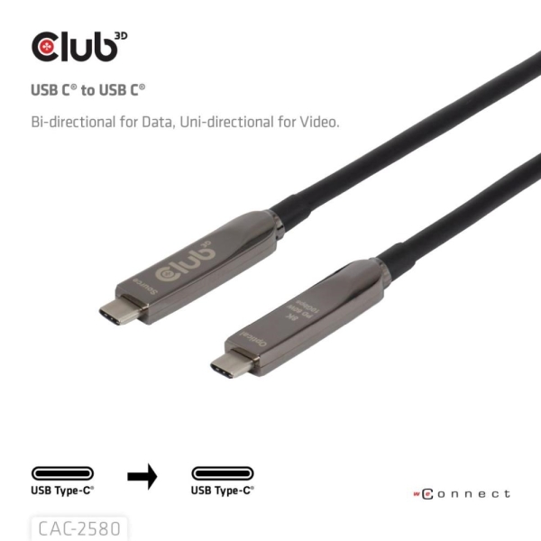 Club3D Kabel USB-C, 10 Gbps, 4K120Hz, 8K60Hz, 60W, Bi-directional, 15m, černá