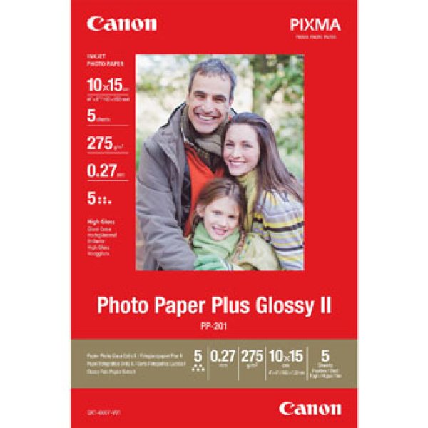Canon Photo Paper Plus Glossy II PP-201 - Vysoce lesklý - 270 mikronů - 100 x 150 mm - 260 g/m2 - 5 listy fotografický papír - pro PIXMA iP2600, iP2700, iP3500, iP4500, iX7000, MG8250, MP220, MP520, MX7600, MX850, TS7450