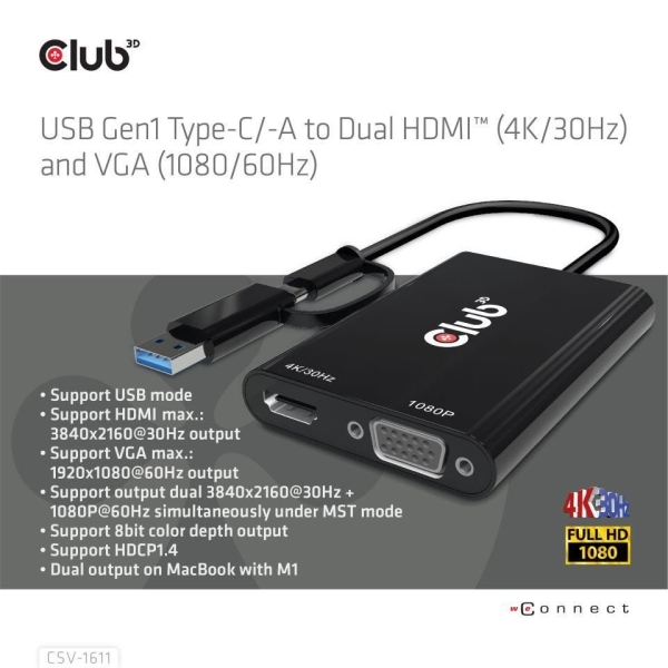 Club3D adaptér USB Gen1 Type-C/-A to Dual HDMI (4K/30Hz) / VGA (1080/60Hz)