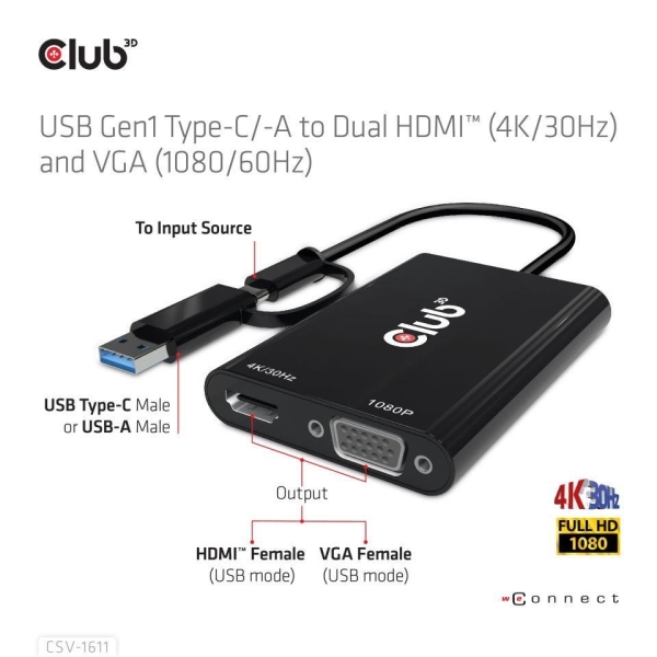 Club3D adaptér USB Gen1 Type-C/-A to Dual HDMI (4K/30Hz) / VGA (1080/60Hz)