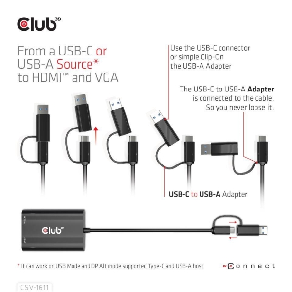 Club3D adaptér USB Gen1 Type-C/-A to Dual HDMI (4K/30Hz) / VGA (1080/60Hz)
